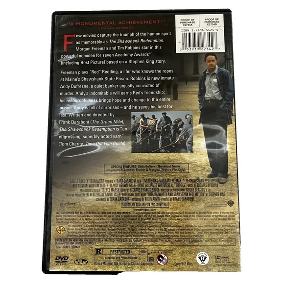 The Shawshank Redemption DVD Tim Robbins Morgan Freeman Widescreen Region 1 Dram - Picture 2 of 4